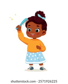 little kid girl african american comb hair and feel happy