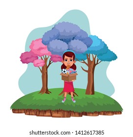little kid girl carrying box of toys with soccer balloon and teddy and a bandana avatar cartoon character portrait in a piece of ground with colorful trees.