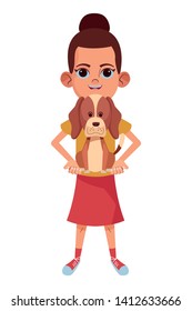 little kid girl carrying a cute dog avatar cartoon character portrait isolated vector illustration graphic design