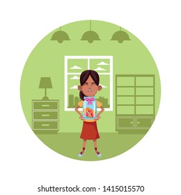 little kid girl carrying glass jar with coins and hearts avatar cartoon character portrait in round icon with indoor house background