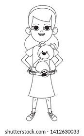 little kid girl carrying teddy bear toy and a bandana avatar cartoon character portrait isolated black and white vector illustration graphic design