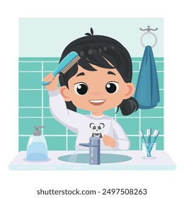 little kid girl comb hair with hair brush vector cartoon illustration  flat  design 