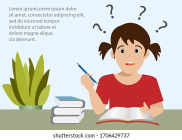 Little kid girl do homework with confused emotion and question marks. Isolated on light blue background. Vector Illustration. Idea for children education or studying at school/home.