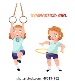 Little kid girl doing exercises in gymnastics with rings and hoop. Isolated female child in funny cartoon style. Children sport illustration.