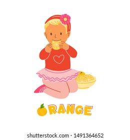Little kid girl eating orange flat vector illustration with text. European latin child, toddler cartoon character. Healthy nutrition, vitamins for children, organic food isolated design element