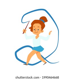 Little kid girl gymnast practicing gymnastics exercises with ribbon. Cute child performs at sport competition or trains in gym. Flat cartoon vector illustration isolated on white
