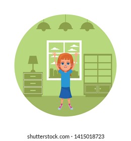 little kid girl with hands up avatar cartoon character portrait in round icon with indoor house background