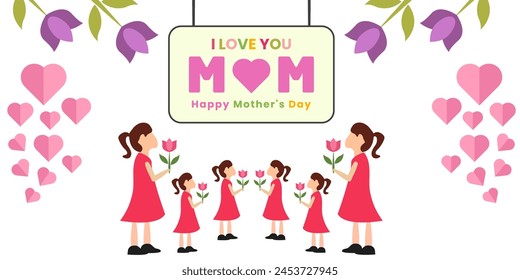 Little kid girl holding flower I Love You Mom. Happy Mother's Day greeting card vector banner illustration design. Mother day template for celebration holiday with typography text, heart icon, flowers