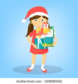 Little kid girl holding gift boxes in red Santa hat. Huge pile of present and cute character isolated vector