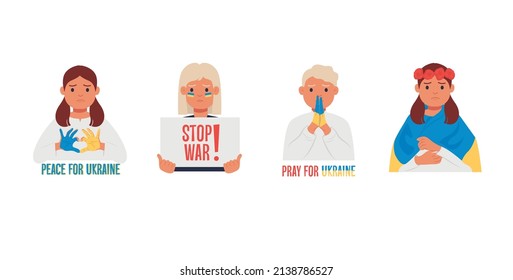little kid girl writing on the wall No war. Vector illustration on a white background. Pray for peace in Ukraine.