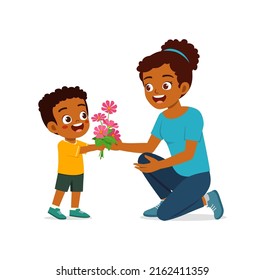 little kid give a flower to mother