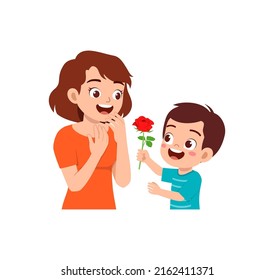 little kid give a flower to mother