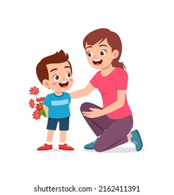 little kid give a flower to mother