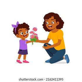 little kid give a flower to mother