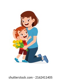 little kid give a flower to mother