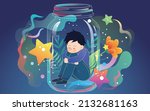 Little kid in glass bottle, autistic child, world autism day, vector illustration