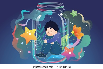 Little kid in glass bottle, autistic child, world autism day, vector illustration