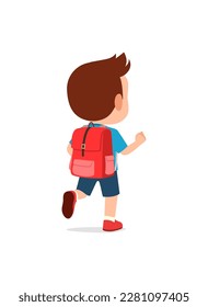 little kid go to school alone and feel happy, back view