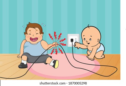 Little kid got an electric shock by broken wire while playing with wall sockets. child crying