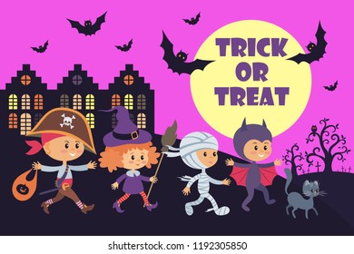Little kid in a Halloween costume. Vector illustration in cartoon style isolated on white background.