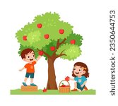 little kid harvest apple and feel happy