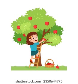 little kid harvest apple and feel happy