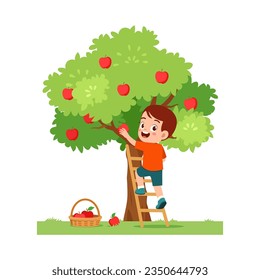 little kid harvest apple and feel happy