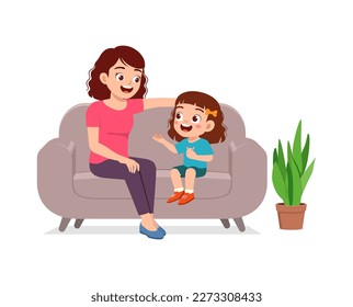 little kid having conversation with mother and feeling happy