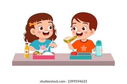 little kid having lunch with friend in school