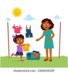 little kid help mom to hanging and dry clothes