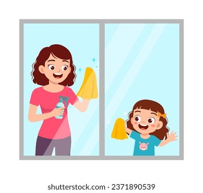 little kid help mother cleaning window