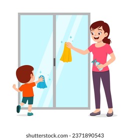 little kid help mother cleaning window