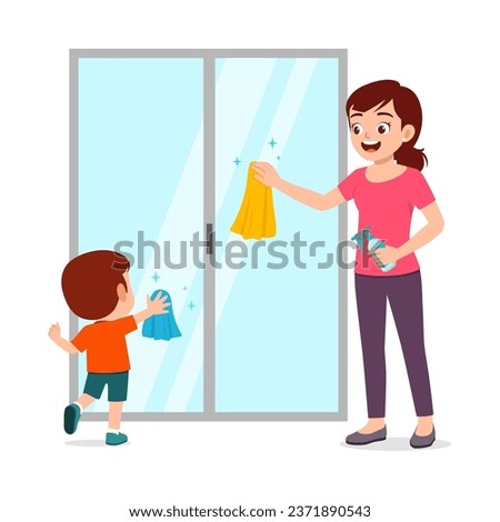 little kid help mother cleaning window