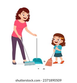 little kid help mother to sweep the floor