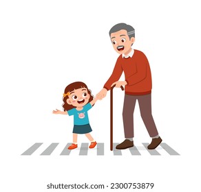 little kid helping eldery to cross the road