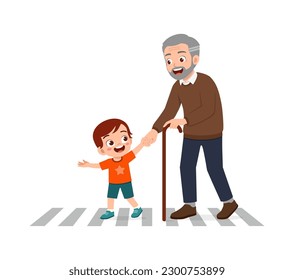 little kid helping eldery to cross the road