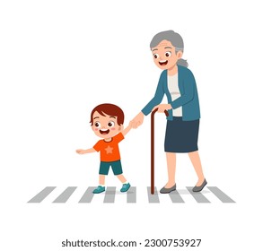 little kid helping eldery to cross the road