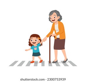 little kid helping eldery to cross the road