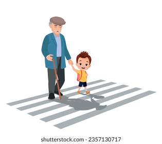 little kid helping eldery to cross the road