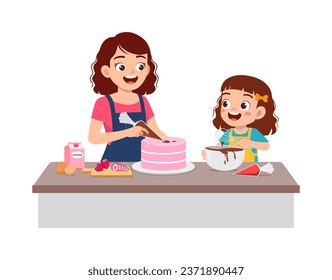 little kid helping mother baking cake