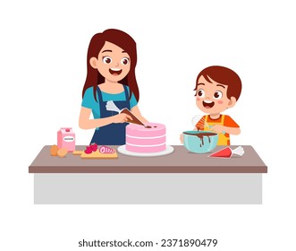 little kid helping mother baking cake