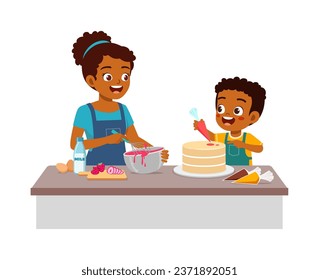 little kid helping mother baking cake