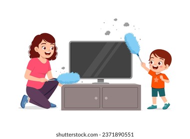 little kid helping mother cleaning dust