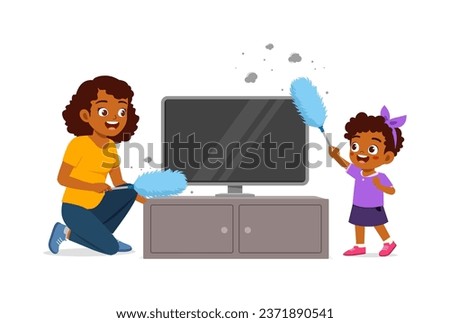 little kid helping mother cleaning dust