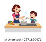 little kid helping mother cooking soup