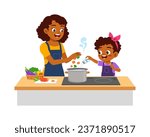 little kid helping mother cooking soup