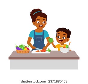 little kid helping mother cutting vegetable for salad