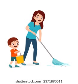 little kid helping mother to mop the floor