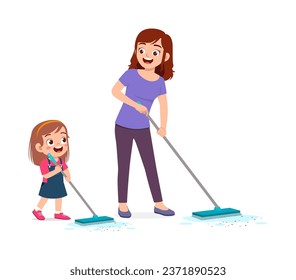 little kid helping mother to mop the floor