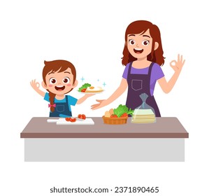 little kid helping mother preparing food for breakfast